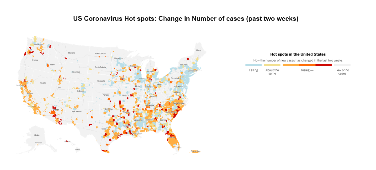 US Coronavirus Hot spots: Change in Number of Cases (past two weeks). In this map, cases have risen more on the southern-east coast .