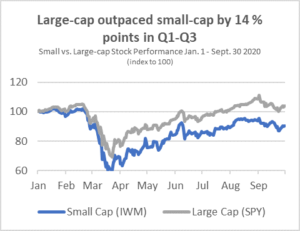 Graph of "Large-cap outpaced by small-cap by 14% points in Q1-Q3". The x-axis represents the time periods (months), and the y-axis shows the index. The graph reveals that small-cap stocks outperformed large-cap stocks by 14 percentage points after March.