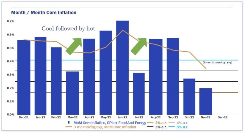 Haverford Trust Bar Graph - "Month/Month Core Inflation" - The graph displays percentages between a cool followed by hot increase to 'MoM Core Inflation, CPI ex Food And Energy' and '3 mo moving avg MoM Core Inflation'.