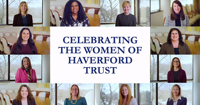 A featured image captured 12 women, all smiling and dressed in professional attire. In the middle of the image, the text reads, "Celebrating The Women of Haverford Trust".